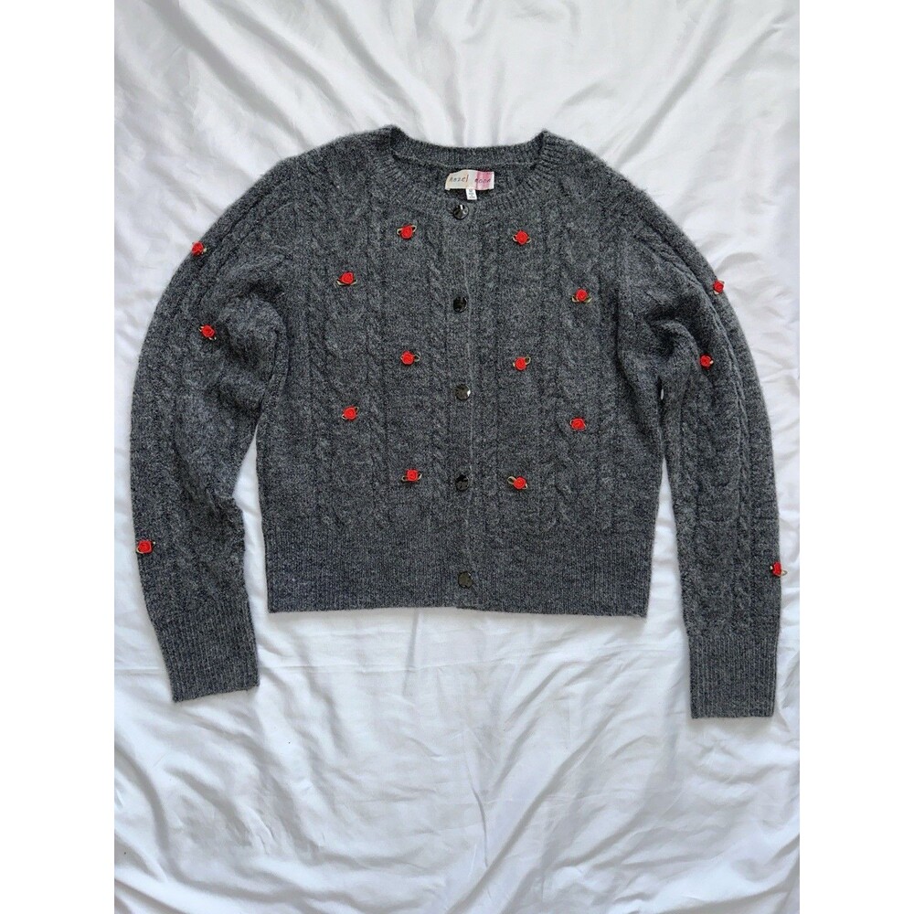 Hazel Moon Roses Gray Cable Knit Sweater Medium Rare Soft Cardigan Metal Button